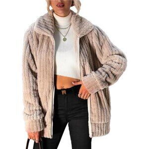 Women's Fleece Jacket Full Zip Long Sleeve Lapel Collar Sherpa Coat with Pockets